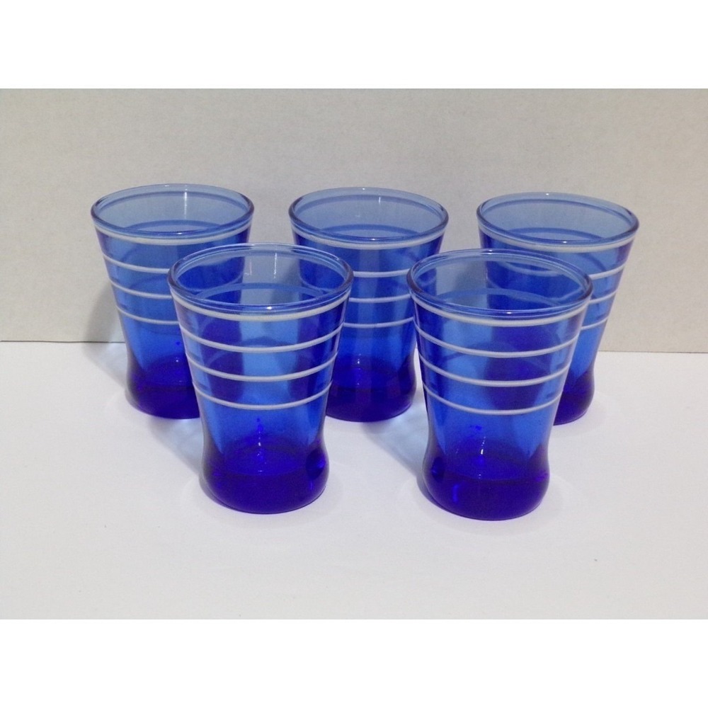 Vintage Hazel Atlas White Rings Cobalt Blue 4 oz Glasses Set of 5 From 1950's